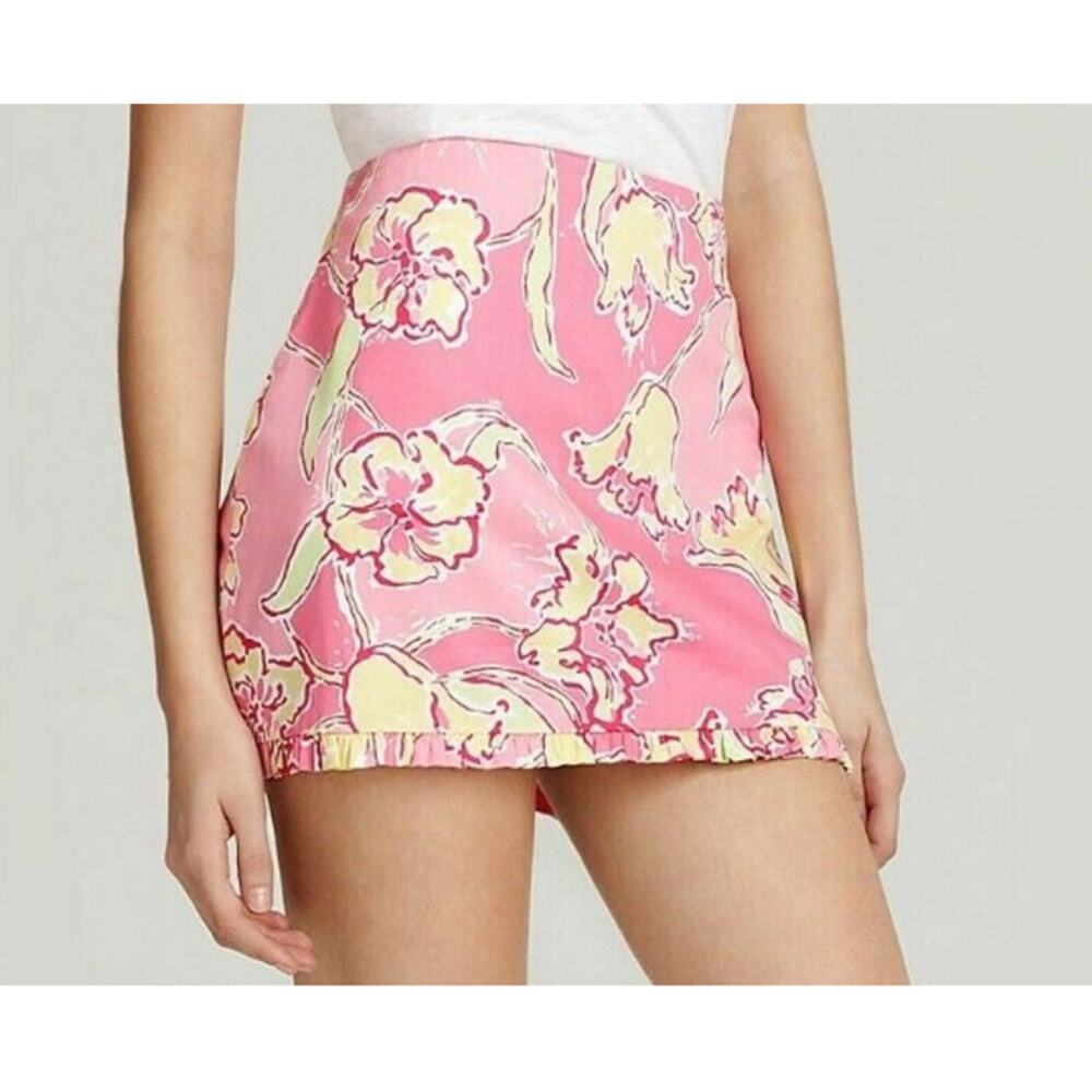 Lilly Pulitzer Womens 6 Mini Skirt Pink Yellow Callie Floral Ruffle Hem Flaw BX3